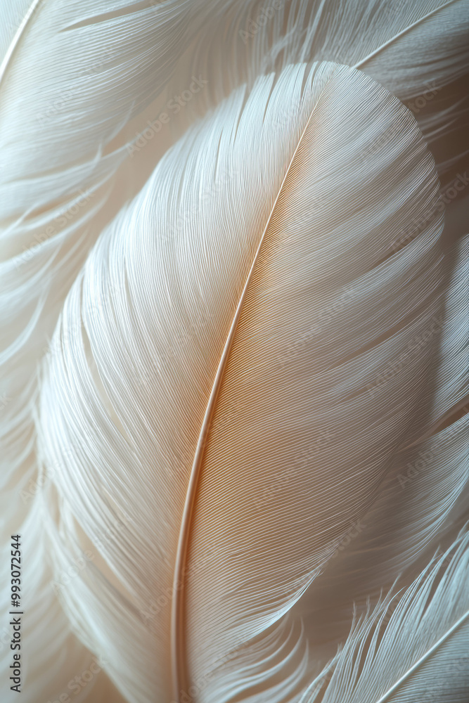 Poster a soft close-up of a white bird feather with gentle curves,