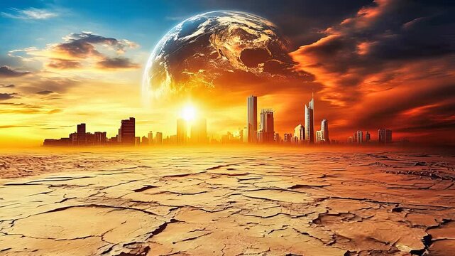 Post-apocalyptic cityscape with arid cracked land, futuristic skyline, glowing sun, and dramatic global environmental impact