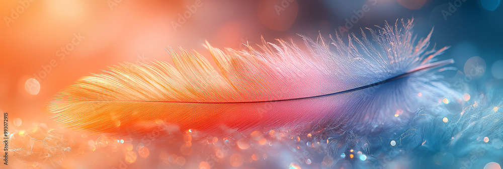 Poster a delicate close-up of a single feather with soft pastel colors,