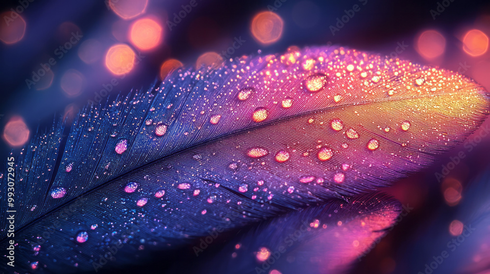 Poster a glowing macro shot of a hummingbird feather with iridescent greens and purples,