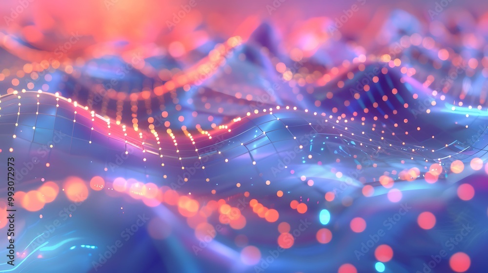 Poster a 3d representation of a neural network with interconnected nodes and data streams, symbolizing glob