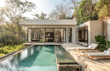 Obraz na płótnie Canvas the front view, small swimming pool, and garden in a minimalist-style Bali villa with white walls, bright light, and daylight.