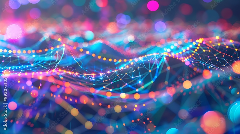 Poster high-tech illustration of a neural network, representing global data flow and cybersecurity with col