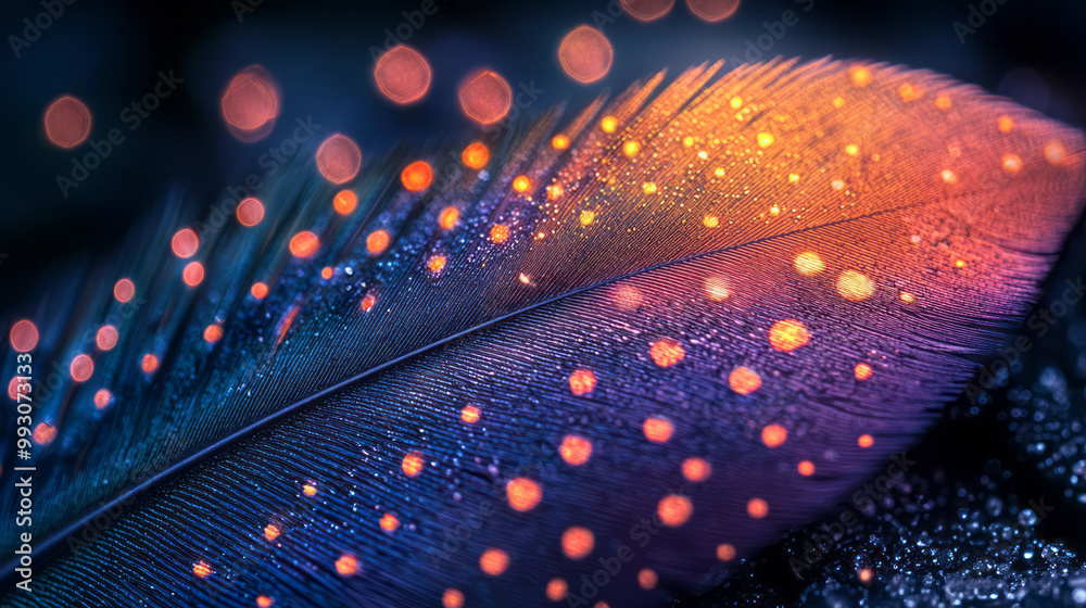 Poster a glowing macro shot of a hummingbird feather with iridescent greens and purples,