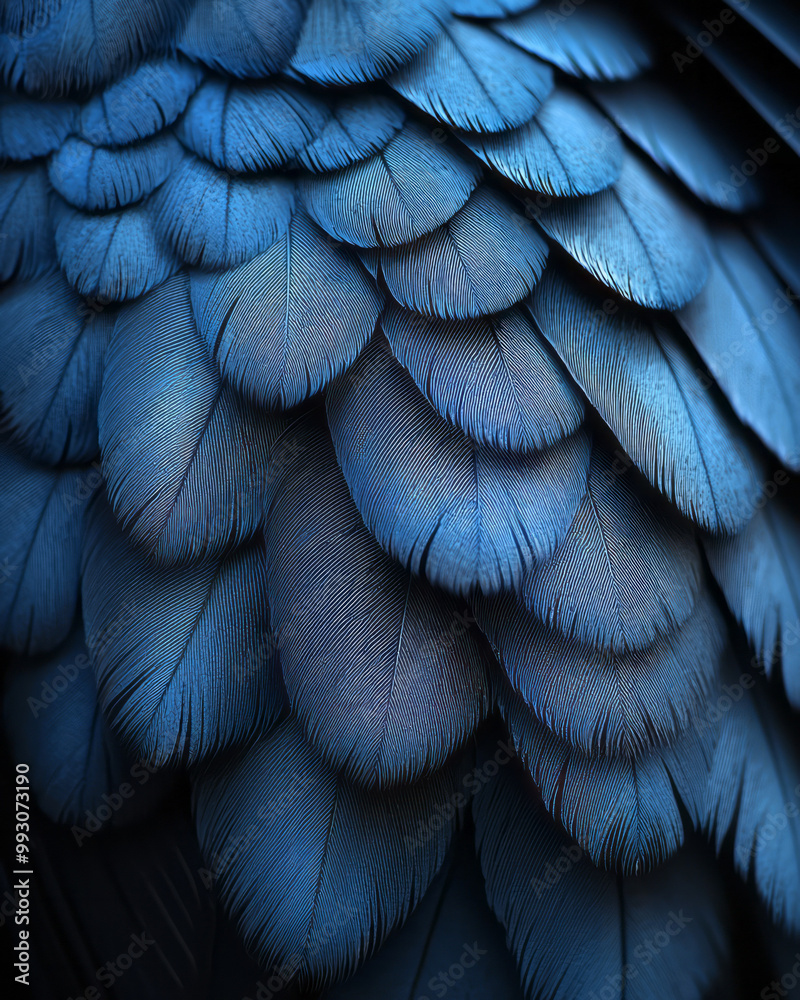 Poster a detailed close-up of a bird wing, focusing on the overlapping feathers in shades of grey and blue,
