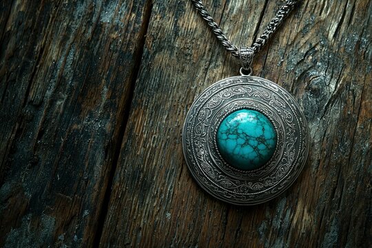 Ornate Silver Pendant with Turquoise Gemstone on Rustic Wooden Background