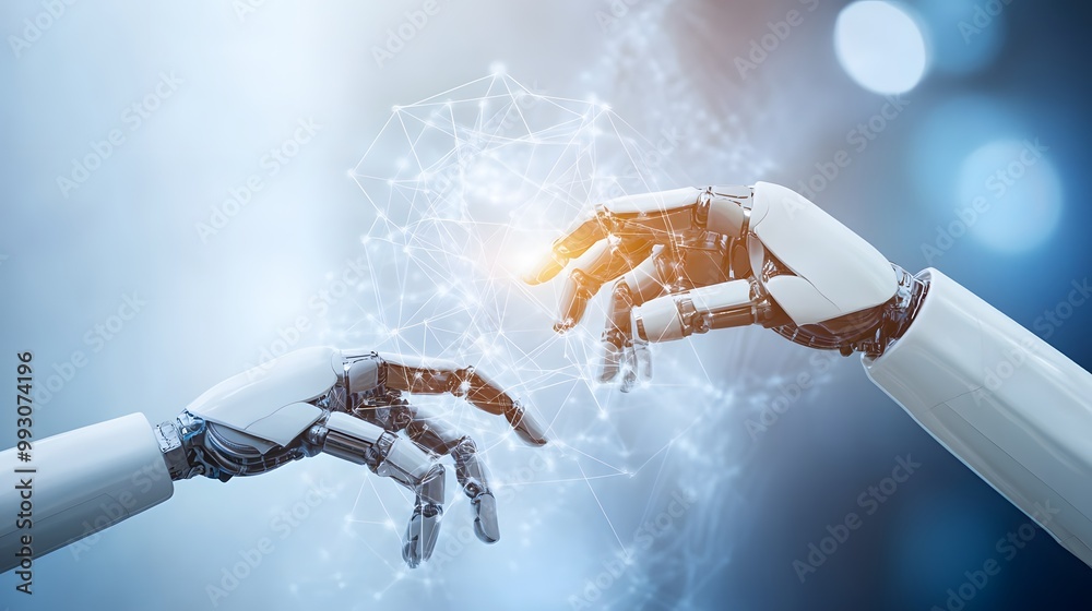 Poster two robotic hands reaching towards a network of lines and points