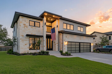 Fototapeta premium the front view of an American flag hanging on the wall in a beautiful two-story modern-style home with a stone exterior and black windows