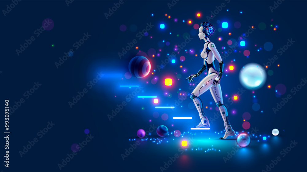 Poster AI or artificial intelligence learning. Machine learning of artificial neural networks. Woman robot or cyborg with AI goes up sci-fi futuristic stairs in cyberspace. AI robotics future technology.