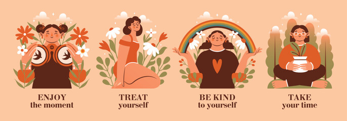 Be kind to yourself. World Mental Health Day. Collection of badges with happy women, who sitting in mindfulness meditation, watching for birds, holding rainbow and flower pot. Cute naive female person
