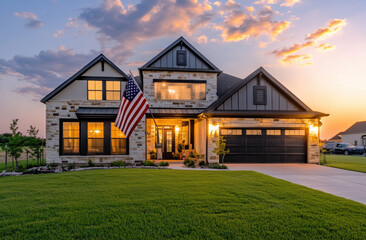 Obraz premium the front view of an American flag hanging on the wall in a beautiful two-story modern-style home with a stone exterior and black windows