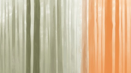 Fototapeta premium This abstract painting depicts a foggy forest with tall trees, using warm orange and cool green tones to create a sense of depth and tranquility