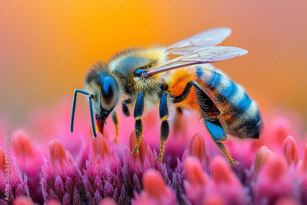 Poster a vibrant image of pollination, with a bee hovering over a flower,