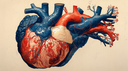 A cross-section of the human heart, showing the flow of blood through the chambers and valves,
