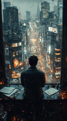 A businessman in his apartment, sitting near a notebook on a desk in his bedroom, gazing out the window at the rainy street below. 