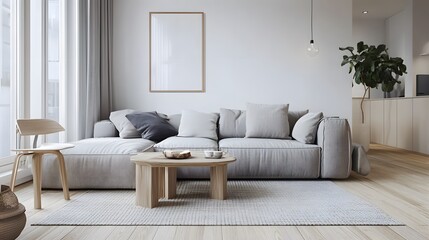 Obraz premium Scandinavian-inspired living room with light wood flooring and soft gray sofa