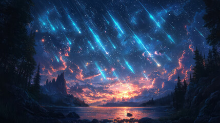 Fototapeta premium A vibrant image of a meteor shower lighting up the night sky,