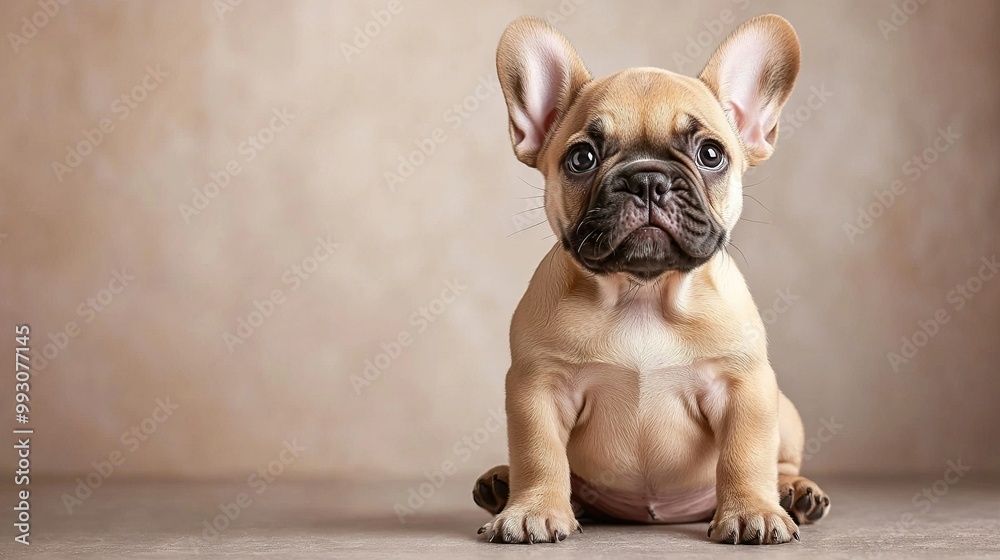 Wall mural   Small brown-white dog on beige wall, sad expression