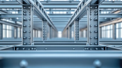 Naklejka premium A realistic photo of a close-up CAD drawing illustrating the structural integrity of a steel building, with a focus on columns, beams, and connection points, rendered in high definition