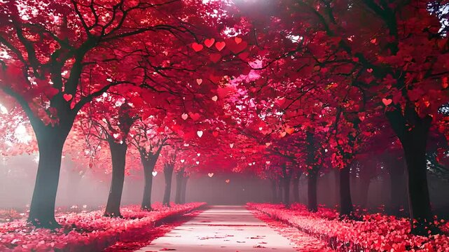 Enchanting red forest path with vibrant autumn foliage, dreamy scenic landscape, magical atmosphere, and nature serenity