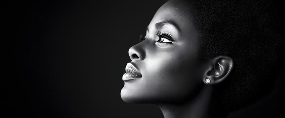 Dramatic black and white portrait of woman. Beauty and strength concepts. Place for text