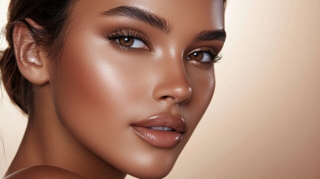 Beautiful young latin woman with perfect tan skin and makeup is posing in a studio setting, showcasing a natural and glowing complexion