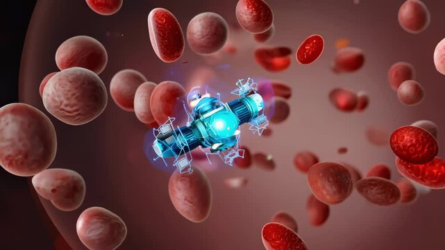 A nanobot swims through a bloodstream, interacting with red blood cells, while the camera zooms in, highlighting its blue glow against a dark background