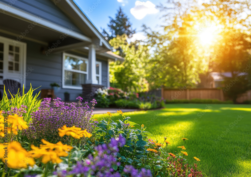 Wall mural an american-style home with a grey exterior and colorful landscaping in the front yard, featuring vi