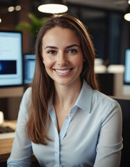 Fototapeta premium A professional Caucasian woman dressed in a blue shirt sits at her desk in a contemporary office, exuding confidence and positivity. The environment enhances her approachable demeanor. Generative AI