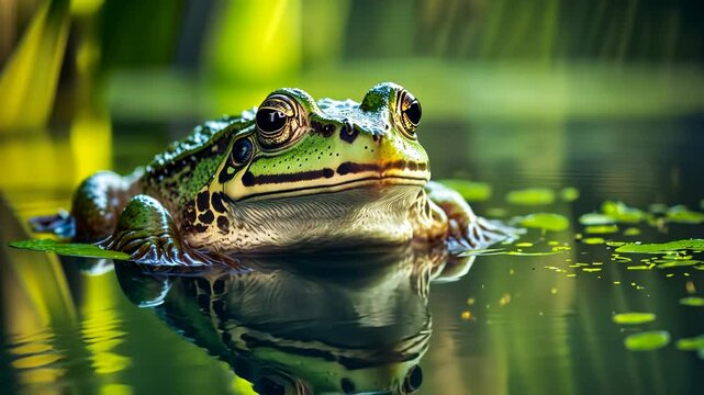 Green frog partially submerged in pond water, showcasing amphibian wildlife in natural habitat. Close-up of alert bullfrog with reflections for nature documentary or ecology concept