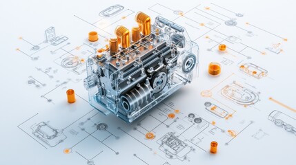 Transparent Engine Model with Technical Blueprint