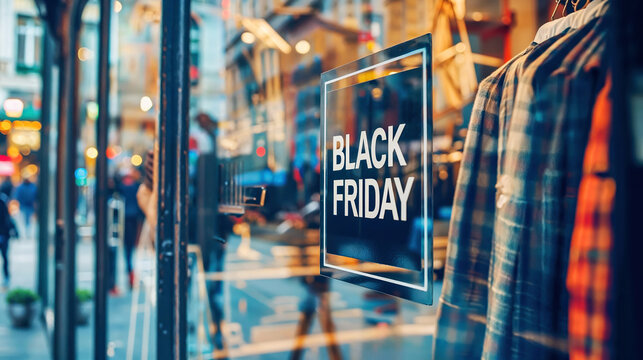 Texte Black friday coll&eacute; sur une vitrine de magasin de v&ecirc;tement pour les soldes d'hiver	
