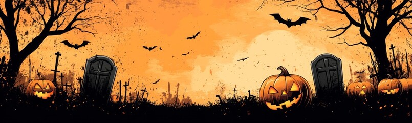 Bold "Happy Halloween" Banner with Pumpkins, Bats, and Spider Web Design