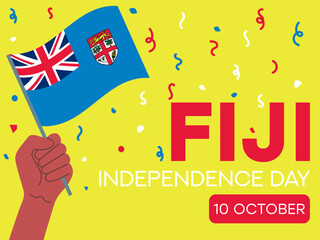 fiji independence day 10 October, fiji flag in hand. Greeting card, poster, banner template	