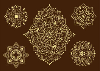 Set of Eastern ethnic religious symbols. Mandala and Lotus flower. Decorative pattern for henna, mehndi, tattoos, room decoration. Outline doodle vector illustration.