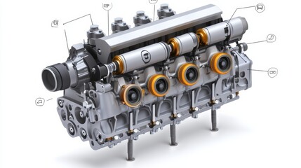 Detailed Engine Block with Components and Annotations