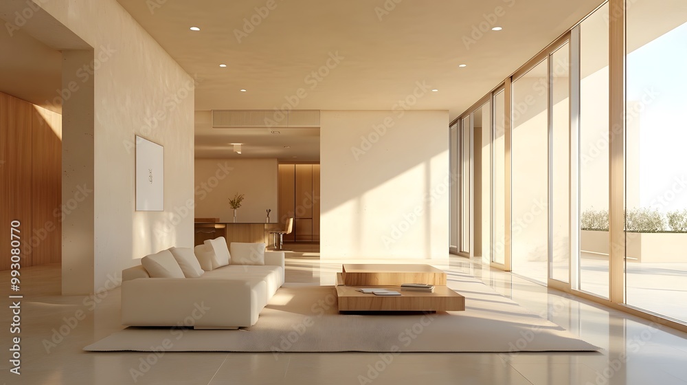 Wall mural minimalist living room with soft, neutral tones and light wood furniture