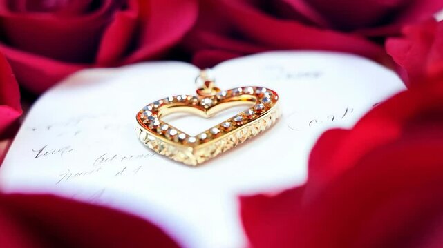 The camera slowly zooms in on a heart-shaped pendant necklace lying on a bed of rose petals

.
