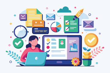 A person sits at a laptop managing tasks with colorful icons representing various digital activities, Customizable task illustration that is disproportionate.