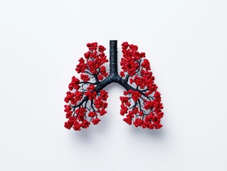 Lungs with red and black splotches showing disease progression, lung cancer, medical illustration