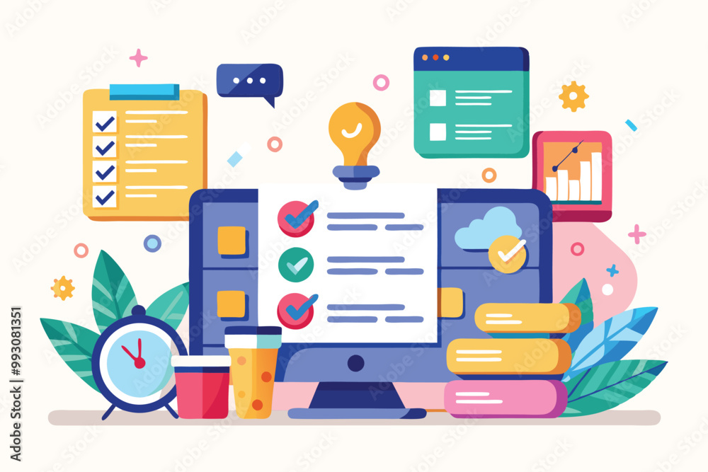 Poster a colorful representation of a customizable task management setup with charts and checklists on a co