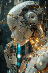 Fototapeta premium A futuristic scene of a robot building itself from various mechanical parts,