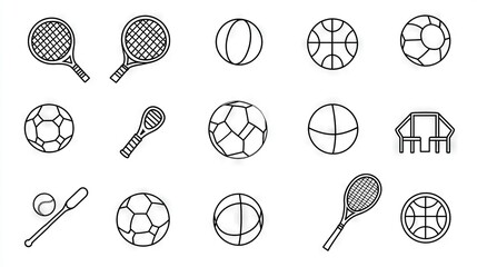   A line drawing of various tennis balls and racquets on a white background