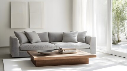 Fototapeta premium Minimalist living room with a simple gray sofa and wooden coffee table