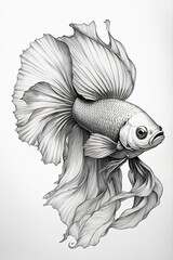 Black and white line drawing of a Betta fish, also known as a Siamese fighting fish