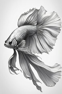 recommend clip art: Black and white line drawing of a Betta fish, also known as a Siamese fighting fish
