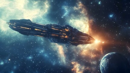Obraz premium Futuristic Spaceship Navigating Through a Starry Galaxy