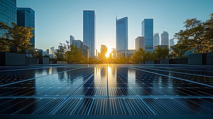 Fototapeta premium Solar panels on a corporate building rooftop, reflecting the midday sun, surrounded by a bustling cityscape, blending eco-friendly technology with modern architecture.