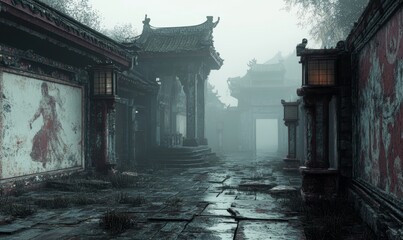 Fototapeta premium Foggy, ancient Chinese temple ruins.