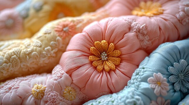   A close-up of several pillows, featuring a flower on one side and another on the opposite